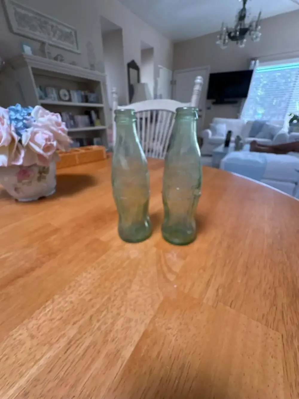 Set of 2 Vintage Embossed Green Glass Coca-Cola 6 Fl Oz Bottles